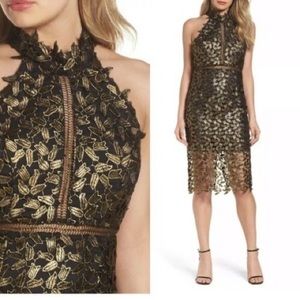 Bardot Gold Leaf, Halter-Lace Sheath-Night Out Dress-Black/Gold-Size 8/M